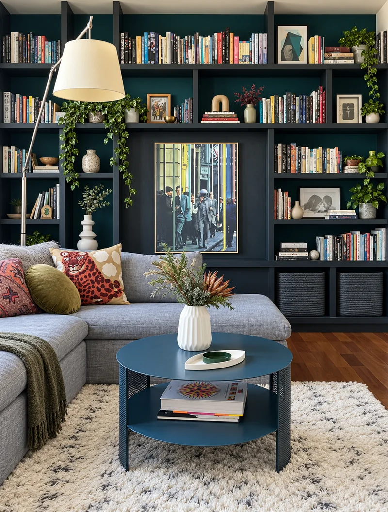 Library shelves and sofa with patterned cushions
