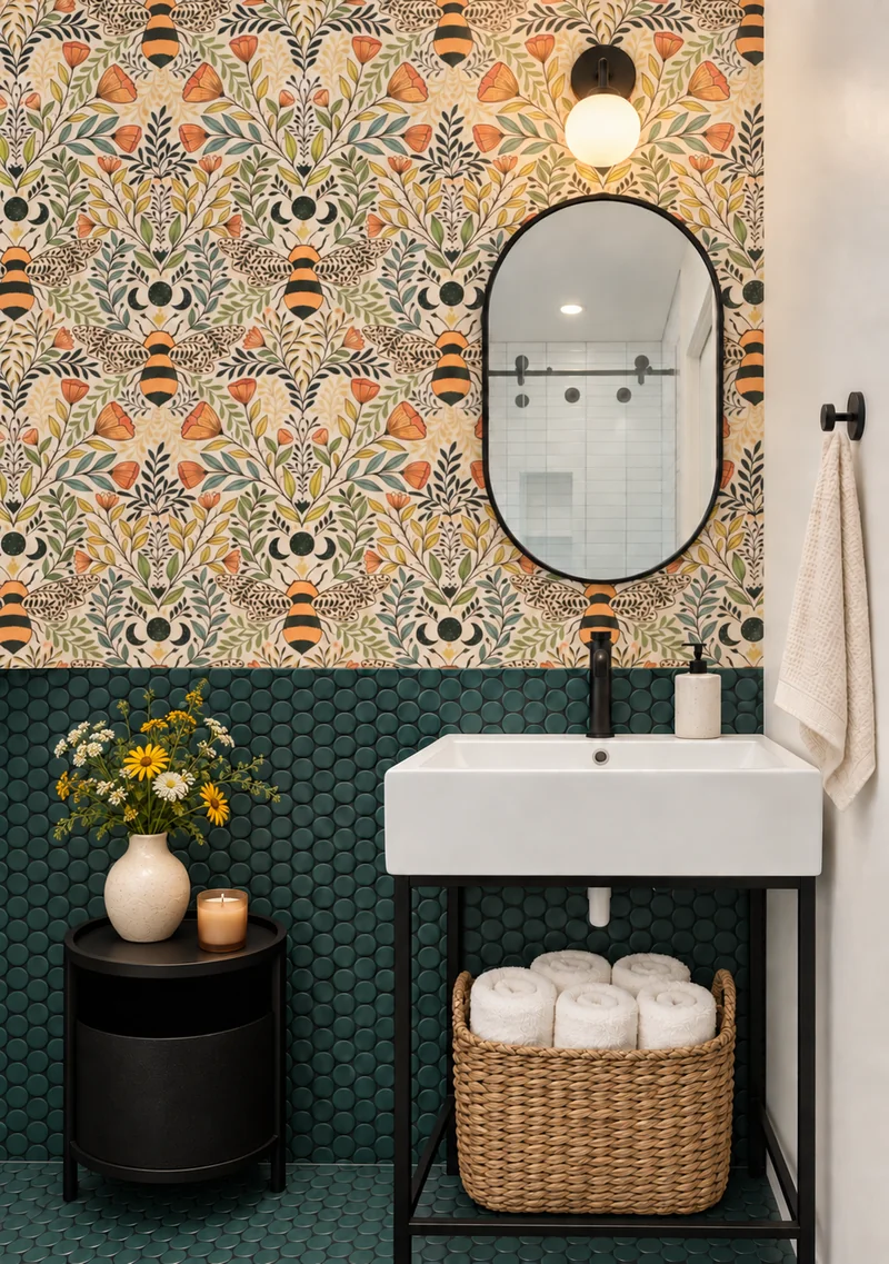 Patterned wallpaper above a bathroom basin