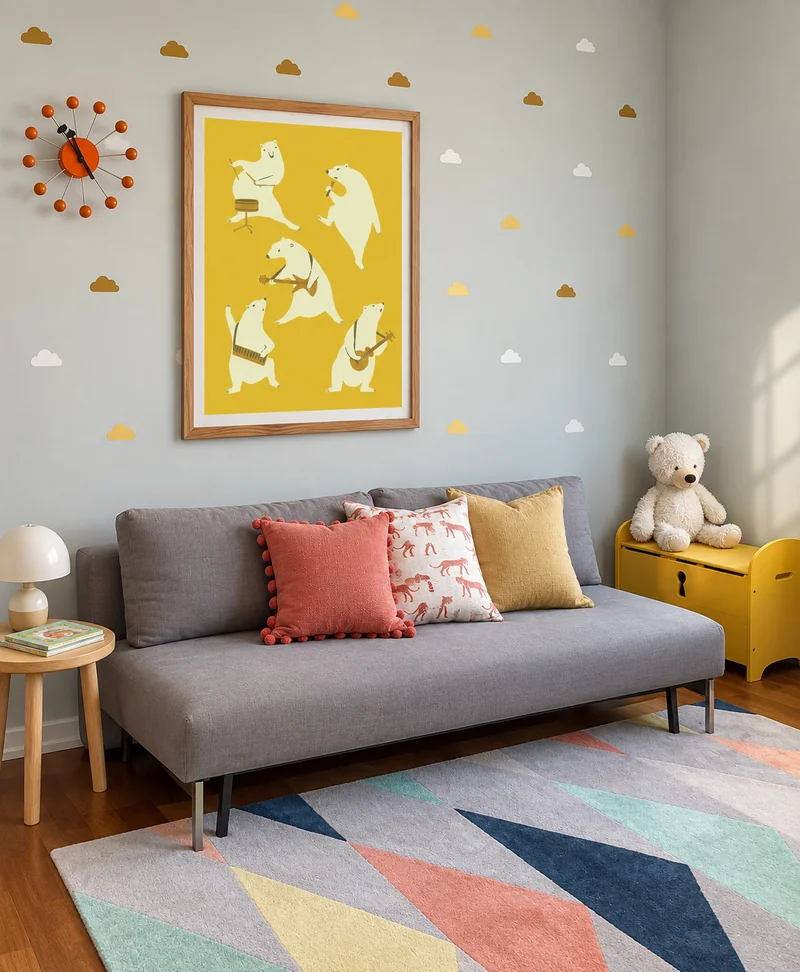 Sofa beneath colorful animal wall art
