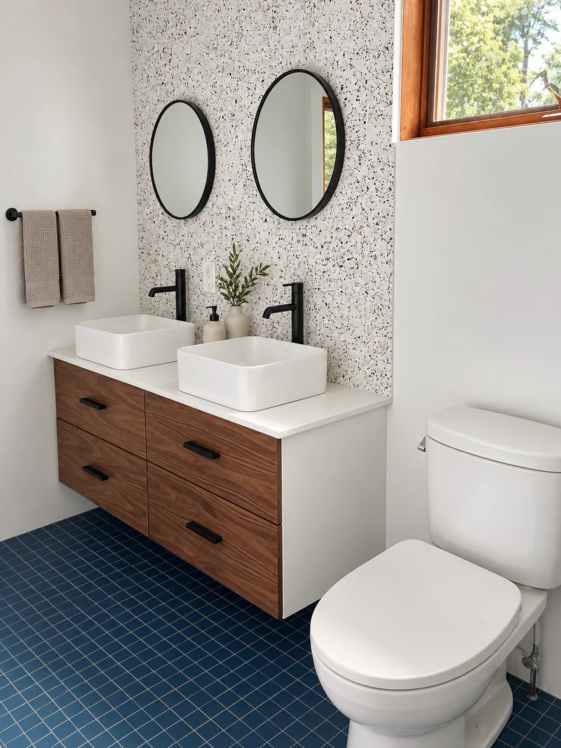 Bathroom with two basins and round mirrors