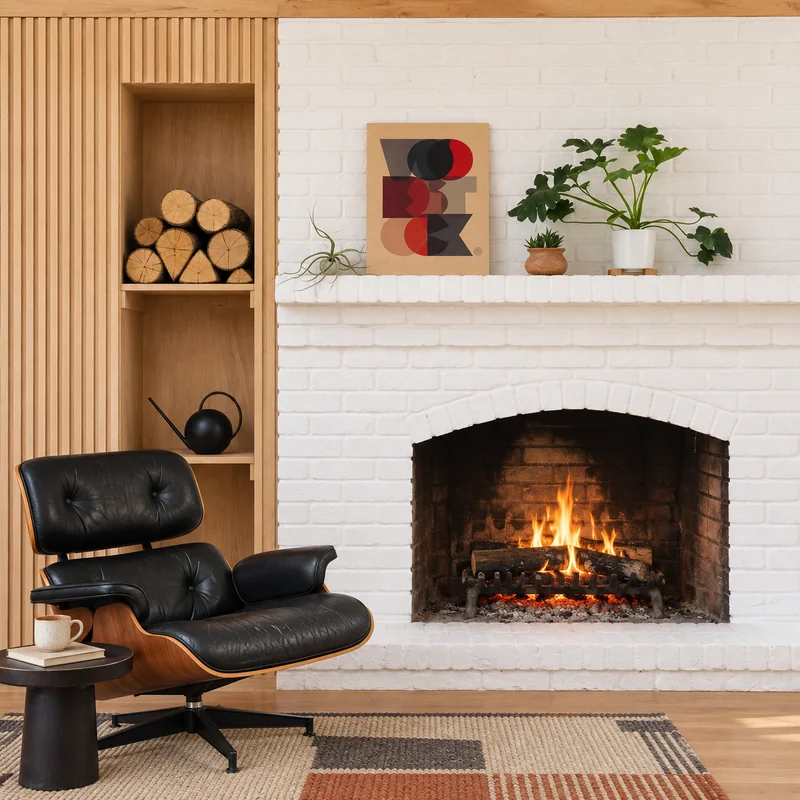 Fireplace beside a lounge chair