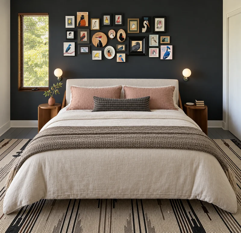 Bedroom with a gallery wall
