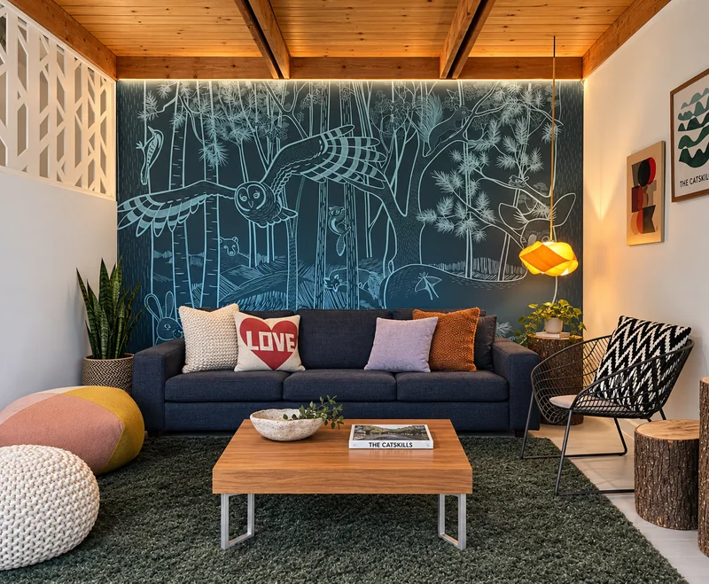 Mural and warm wood ceiling in a sitting room